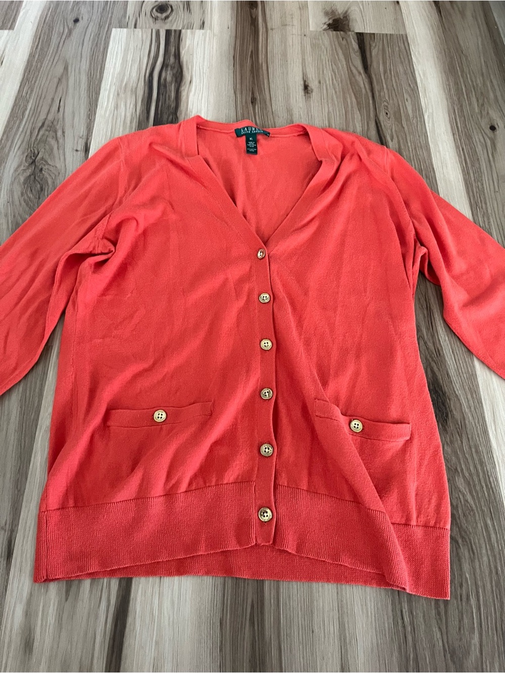 Lauren Ralph Lauren Size XL Orange Lightweight Cardigan Sweater 100% Cotton